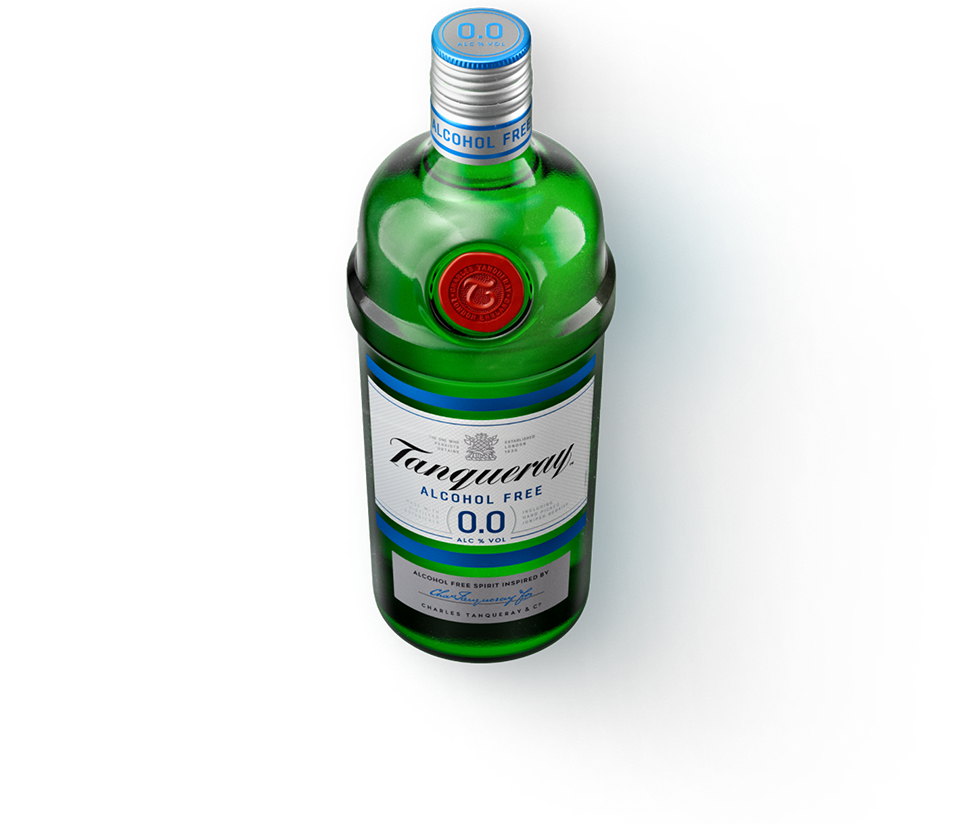 A bottle of Tanqueray 0.0% Alcohol Free Spirit.